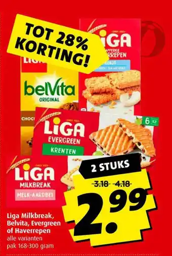 Boni Liga milkbreak, belvita, evergreen of haverrepen 168-300 gram aanbieding