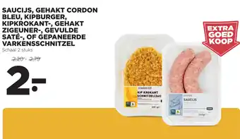 Jumbo Saucijs, gehakt cordon bleu, kipburger, kipkrokant-, gehakt zigeuner-, gevulde sate-, of gepaneerde varkensschnitzel aanbieding