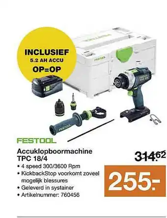 BOUWMAAT Festool accuklopboormachine tpc 18-4 aanbieding