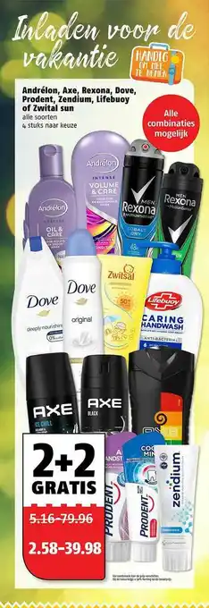 Poiesz Andrélon, axe, rexona, dove, prodent, zendium, lifebuoy of zwitsal sun aanbieding