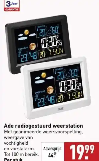 ALDI Ade radiogestuurd weerstation met geanimeerde weersvoorspelling, weergave van vochtigheid en vorstalarm. tot 100 m bereik. pe aanbieding