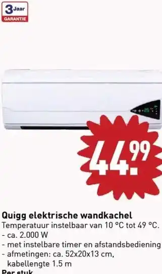 ALDI Quigg elektrische wandkachel temperatuur instelbaar van 10 °c tot 49 °c. - ca. 2.000 w aanbieding