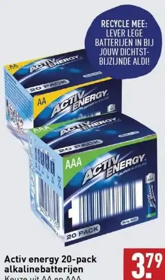 ALDI Activ energy 20-pack alkaline batterijen keuze uit aa en aaa. aanbieding