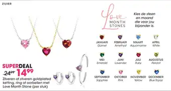 Lucardi Zilveren of zilveren gold plated ketting, ring of oorbellen met love month stone (per stuk) aanbieding