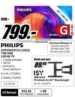 MediaMarkt Philips 55pus8837/12 (2022) the one led 4k tv aanbieding