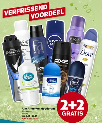 Hoogvliet Alle A-merken deodorant 2+2 gratis aanbieding