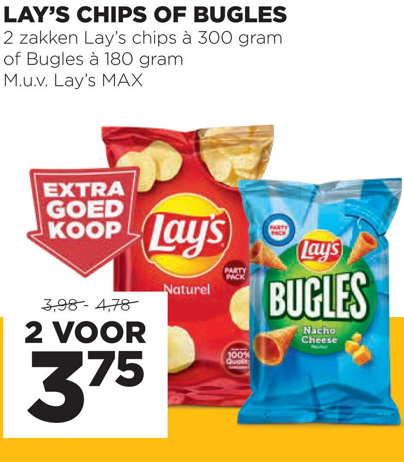 Lay's chips of bugles 2 zakken a 300 gram aanbieding bij Jumbo