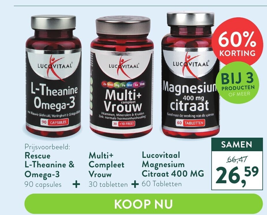 Rescue ltheanine & omega3 + multi+ compleet vrouw + lucovitaal