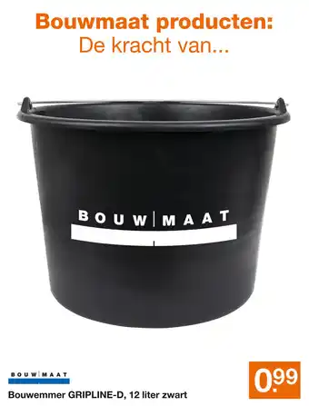 BOUWMAAT Bouw Maat Bouwemmer GRIPLINE-D,  12 liter zvart aanbieding