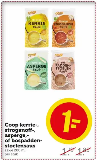 Coop Kerrie-, stoganoff-, asperge,- of bospadden- stoelensaus zakje 200 ml per stuk aanbieding