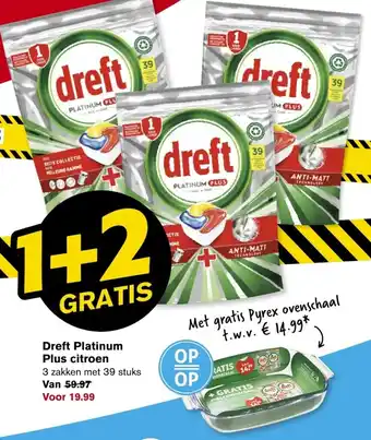 Hoogvliet Dreft platinum plus citroen 1+2 gratis aanbieding