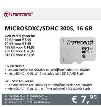 Informatique Transcend microsdxc-sdhc 300s, 16 gb aanbieding