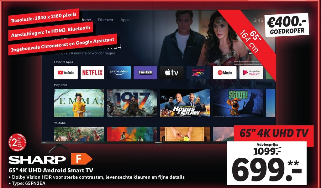 SHARP 65" 4k UHD Android Smart TV aanbieding bij Lidl