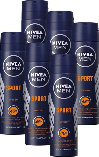 Bol.com Nivea men sport - 6 x 150 ml - voordeelverpakking - deodorant spray aanbieding