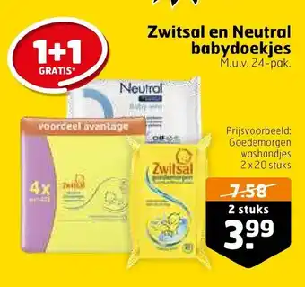 Trekpleister Zwitsal en Neutral babydoekjes 1+1 gratis aanbieding