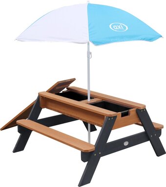 Bol.com Axi nick zand & water picknicktafel in antraciet/bruin - met parasol in blauw/wit - multifunctionele picknick tafel van fsc h aanbieding