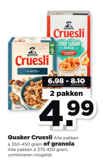 PLUS Quaker cruesli of granola aanbieding