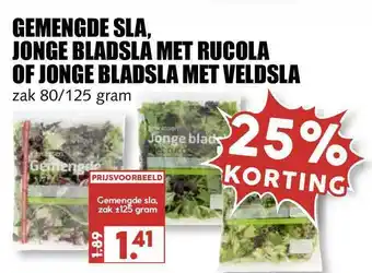 MCD Supermarkt Gemengde sla, jonge bladsla met Rrucola of jonge bladsla met veldsla 80/125 gram aanbieding