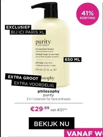 ICI Paris XL Philosophy purity 3 in 1 cleanser for face and eyes aanbieding