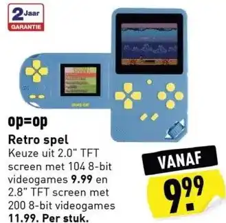 ALDI Op=op retro spel keuze uit 2.0" tft screen met 104 8-bit videogames 9.99 en 2.8" tft screen met 200 8-bit videogames 11.99. p aanbieding