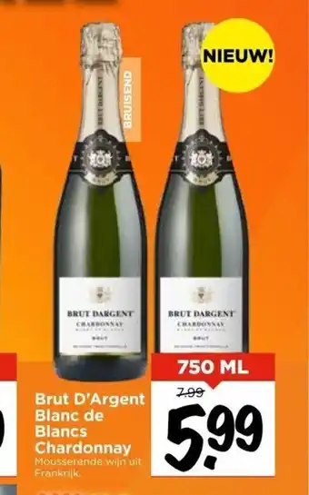 Vomar Voordeelmarkt Brut D'Argent Blanc de Blancs Chardonnay 750 ml aanbieding