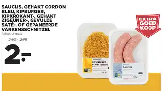 Jumbo Saucijs, gehakt cordon bleu, kipburger, kipkrokant-, gehakt zigeuner-, gevulde sate-, of gepaneerde varkensschnitzel aanbieding