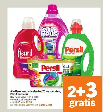 Albert Heijn Alle reus wasmiddelen tot 20 wasbeurten, persil en fleuril 2+3 gratis aanbieding