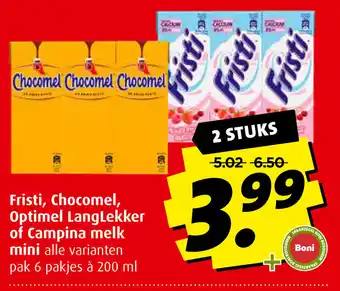 Boni Fristi, Chocomel, Optimel langlekker of Campina melk 6 pakjes a 200ML aanbieding