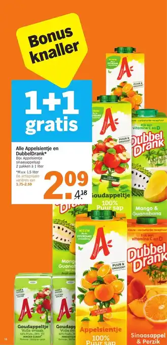 Albert Heijn Alle Applesientje en DubbelDrank 2 pakken a 1 liter, 1+1 Gratis aanbieding