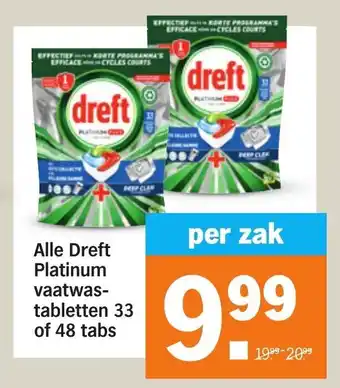 Albert Heijn Alle Dreft Platinum vaatwas- tabletten 33 of 48 tabs per zak aanbieding