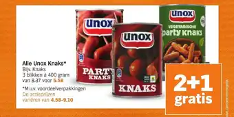 Albert Heijn Alle Unox Knaks 3 blikken a 400 gram, 2+1 Gratis aanbieding