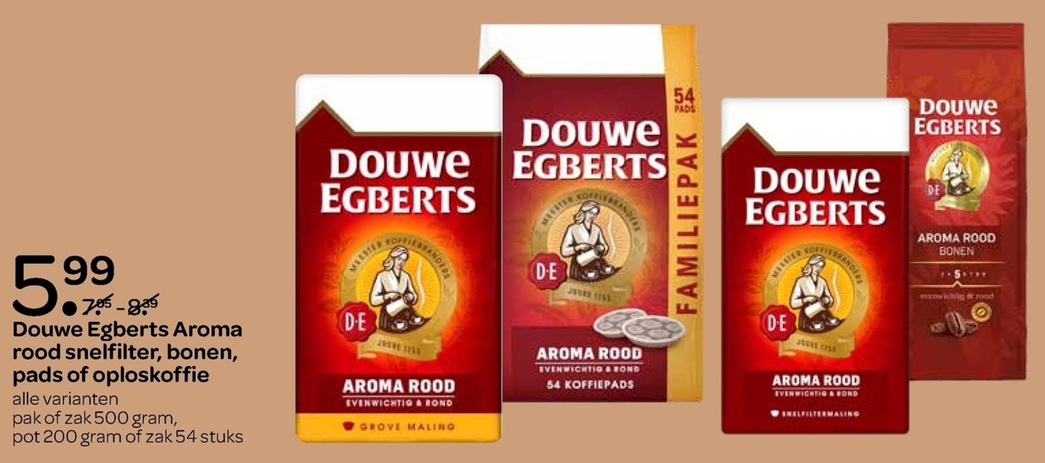 Douwe Egberts aroma rood snelfilter, bonen, pads of oploskoffie