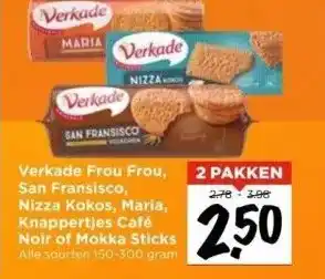 Vomar Voordeelmarkt Verkade frou frou, san fransisco, nizza kokos, maria, knappertjes café noir of mokka sticks aanbieding