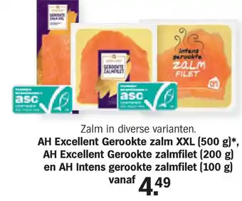 Albert Heijn AH Excellent Gerookte zalm XXL (500 g)*, AH Excellent Gerookte zalmfilet (200 g) en AH Intens gerookte zalmfilet (100 g) aanbieding