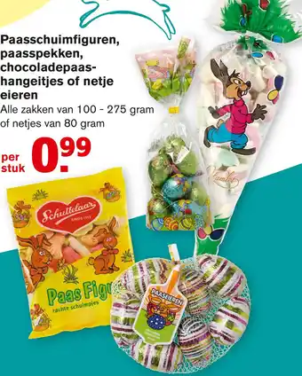 Hoogvliet Paasschuimfiguren, paasspekken, chocoladepaas- hangeitjes of netje eieren aanbieding