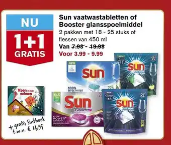 Hoogvliet Sun vaatwastabletten of booster glansspoelmiddel 1+1 gratis aanbieding