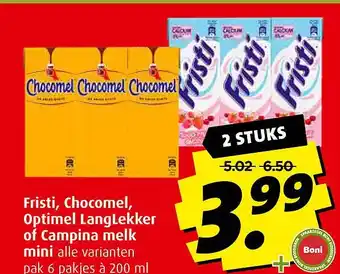 Boni Fristi, chocomel, optimel langlekker of campina melk mini alle varianten aanbieding