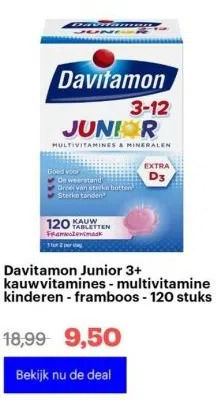 Bol.com Davitamon junior 3+ kauwvitamines - multivitamine kinderen - framboos - 120 stuks aanbieding