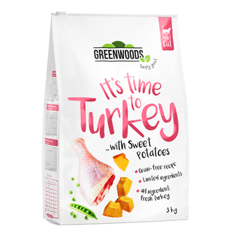 Zooplus 3x3kg kalkoen met zoete aardappelen, erwten en pompoen greenwoods kattenvoer aanbieding