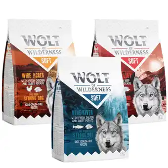 Zooplus 3x1kg "soft & strong" probeerpakket: kip, rund, zalm wolf of wilderness hondenvoer aanbieding