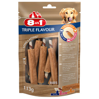 Pets Place 8in1 delights ribs triple flavour - hondensnacks - kip varken rund 113 g 6 stuks aanbieding