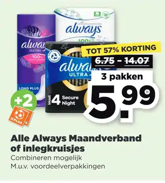 PLUS Alle always maandverband of inlegkruisjes aanbieding