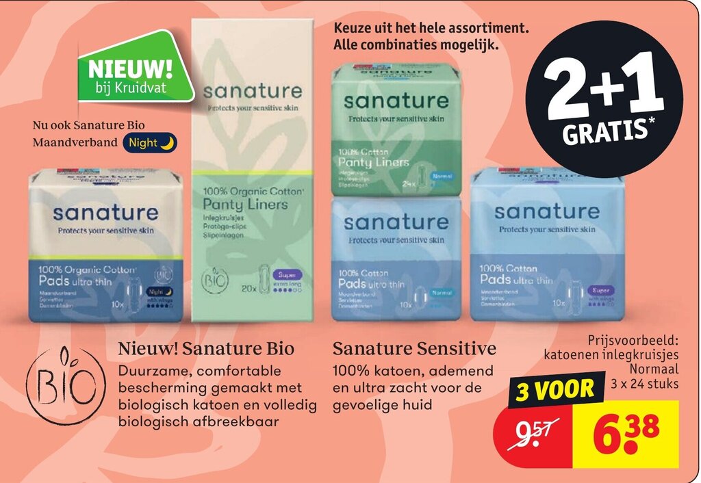 Keuze uit het hele assortiment Sanature 2+1 gratis aanbieding bij Kruidvat