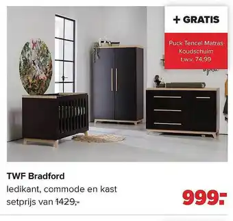 Baby-Dump Twf bradford ledikant, commode en kast + puck tencel matras koudschuim aanbieding