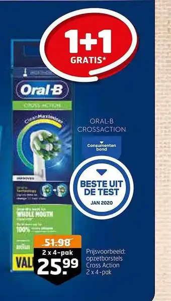 Trekpleister Oral-b opzetborstels cross action 1+1 gratis aanbieding