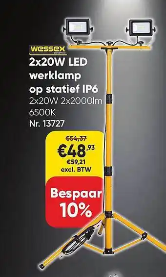 Toolstation 2x20w led werklamp op statief ip6 aanbieding