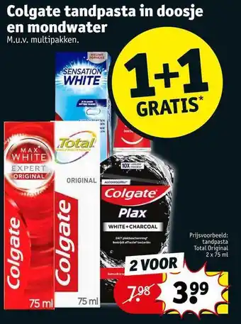 Kruidvat Colgate tandpasta in doosje en mondwater 1+1 gratis aanbieding