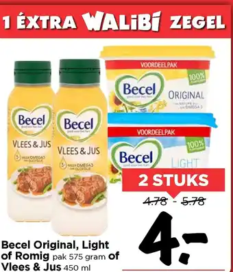 Vomar Voordeelmarkt Becel Original, Light of Romig 2*575g of Vlees & Jus 2*450ml aanbieding