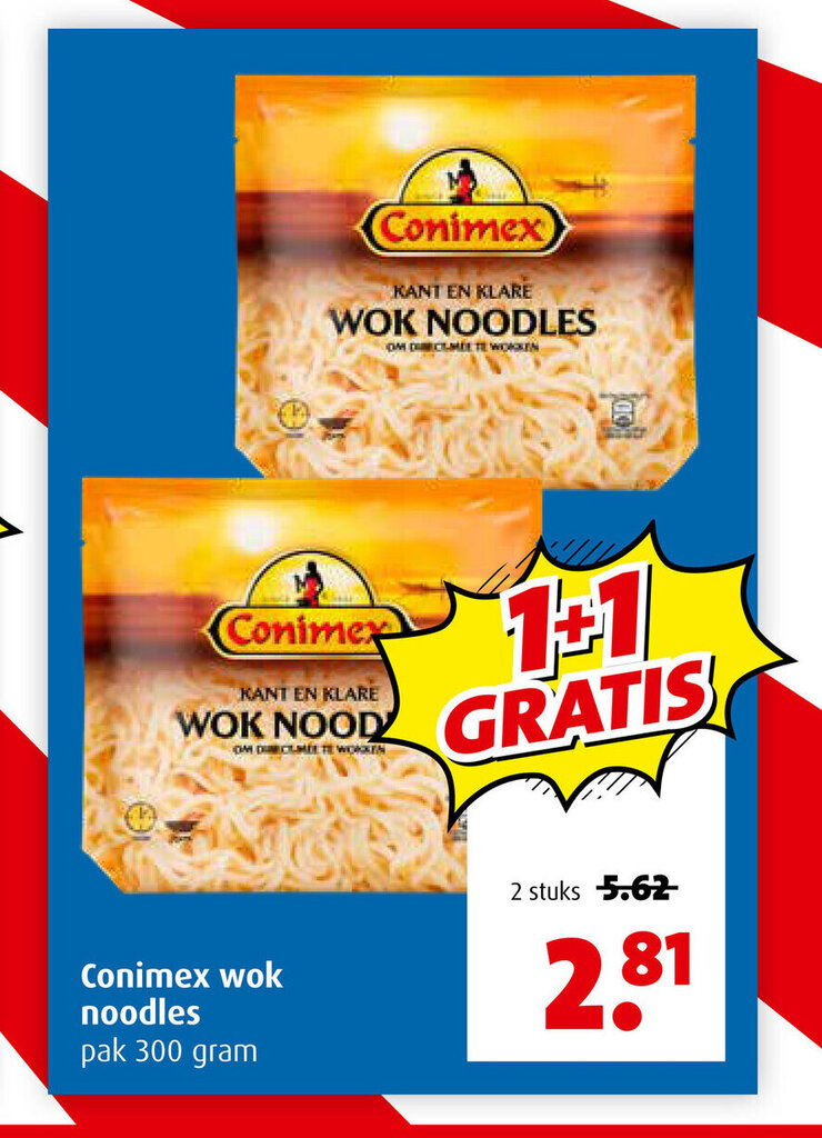 Conimex wok noodles pak 300 gram 2 stuks aanbieding bij Boni 1+1 Gratis