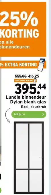 GAMMA Lundia binnedeur Dylan blank glas Excl. deurkruk aanbieding